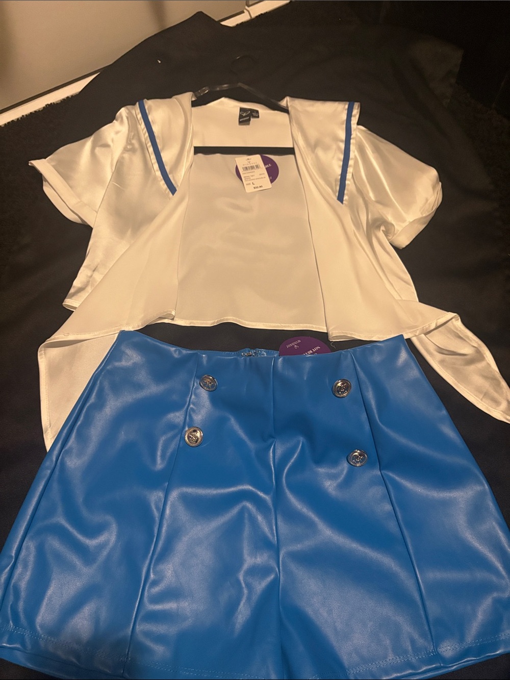 Windsor White Satin Crop Top with Blue Trim and Royal Blue Faux Leather Skirt